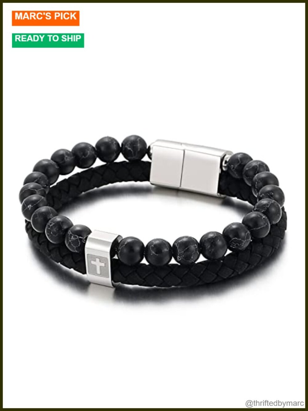 Men's Leather Cuff Bracelet Cross Design Braided Magnetic Clasp